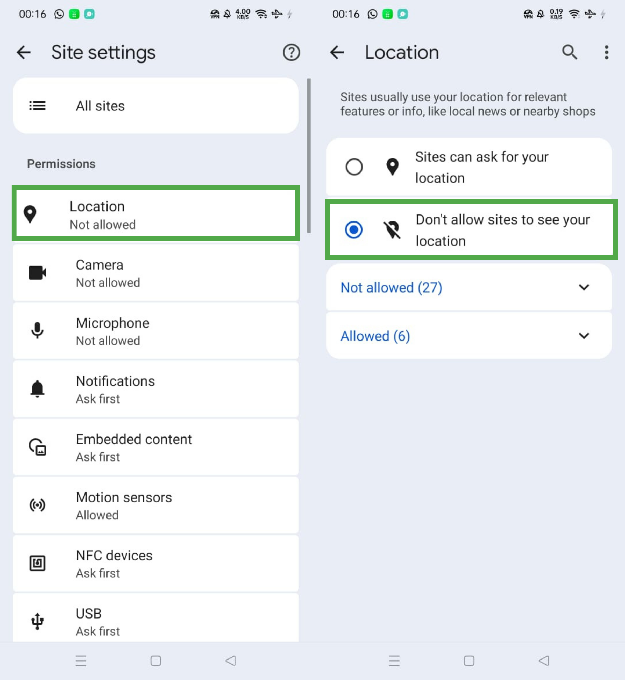 Chrome location permissions on Android with Don't allow sites to see your location selected
