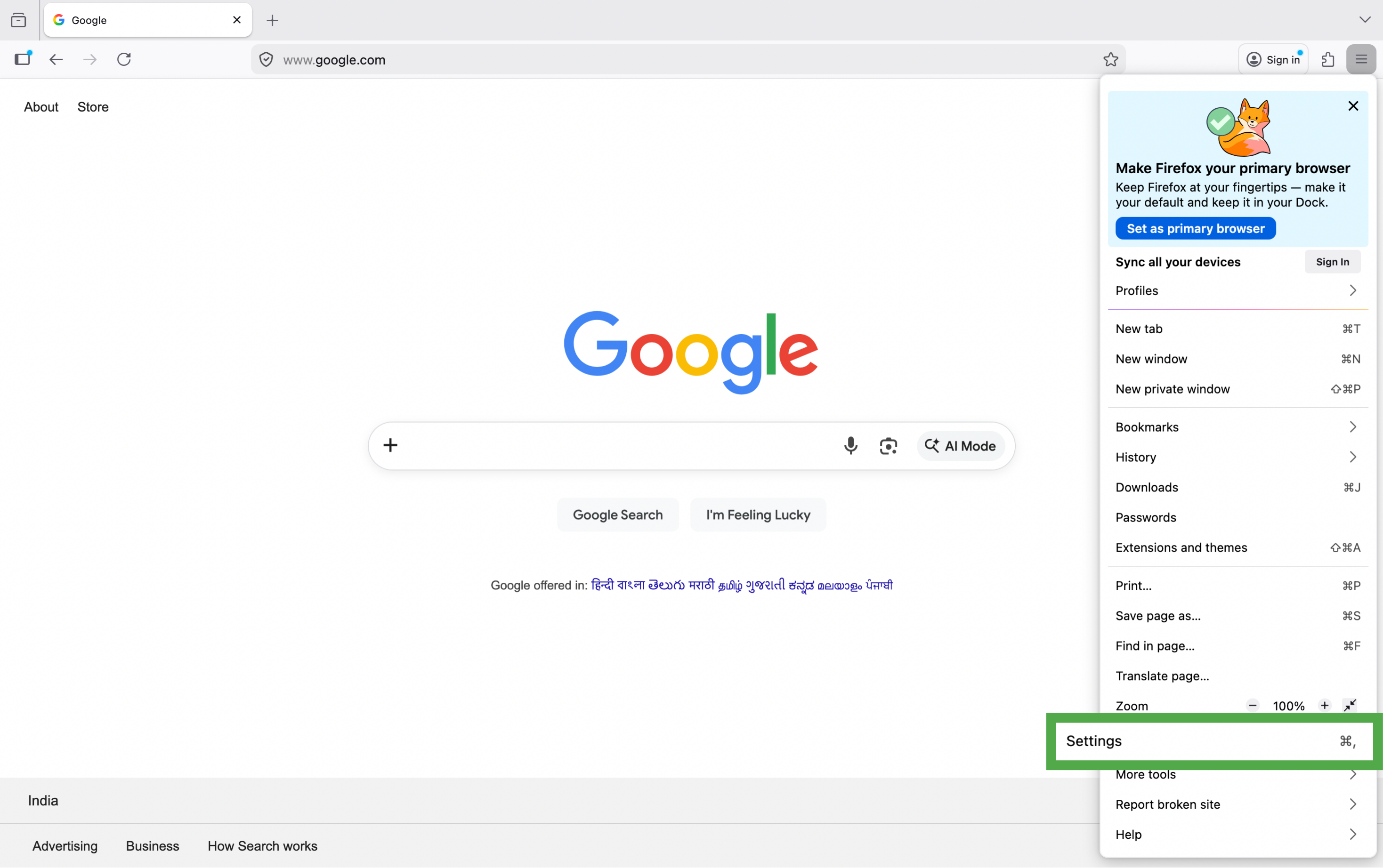 Firefox menu on Mac with Settings selected
