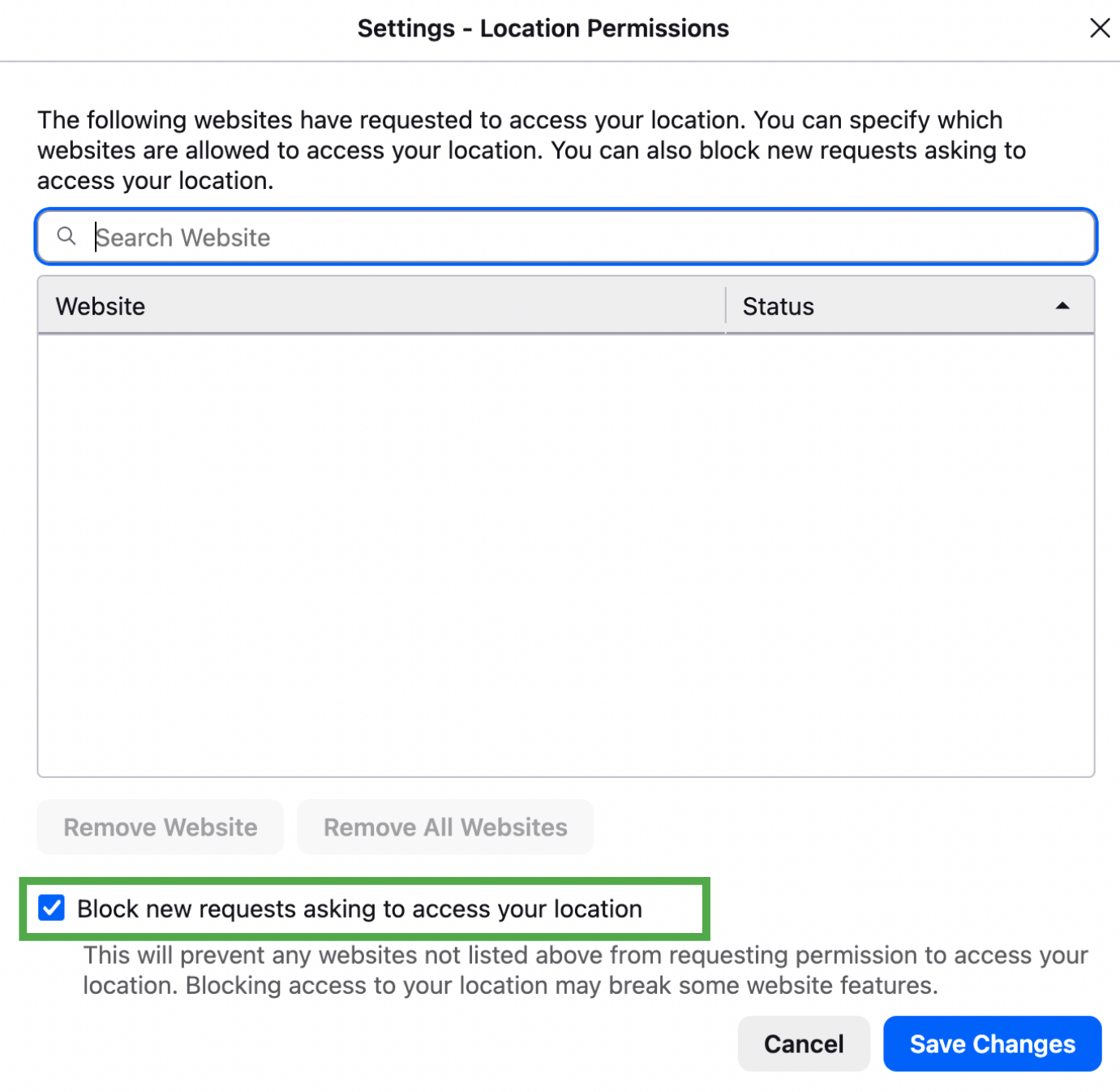 Firefox Location Permissions dialog with Block new requests asking to access your location enabled