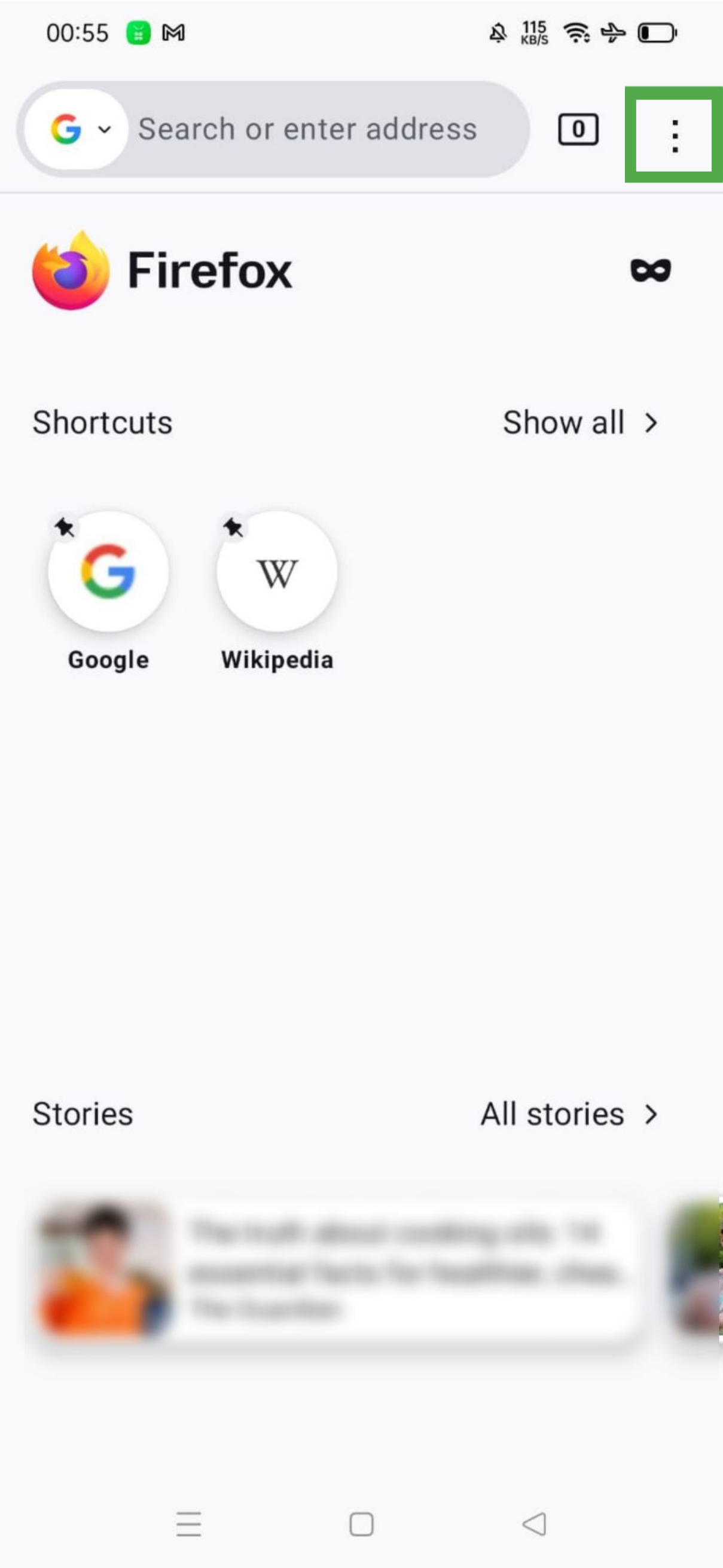 Firefox homepage on Android with the three-dot menu button highlighted