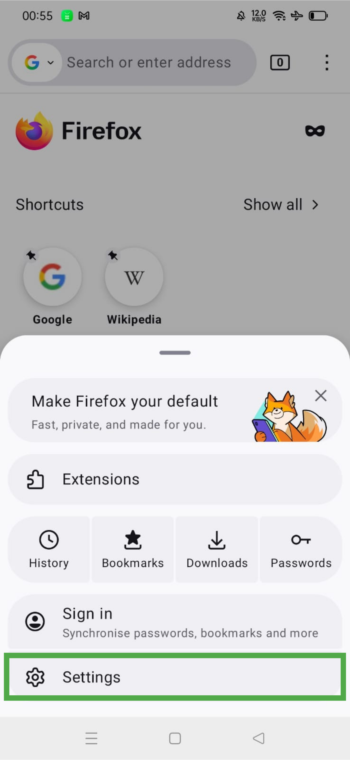 Firefox menu on Android with Settings selected