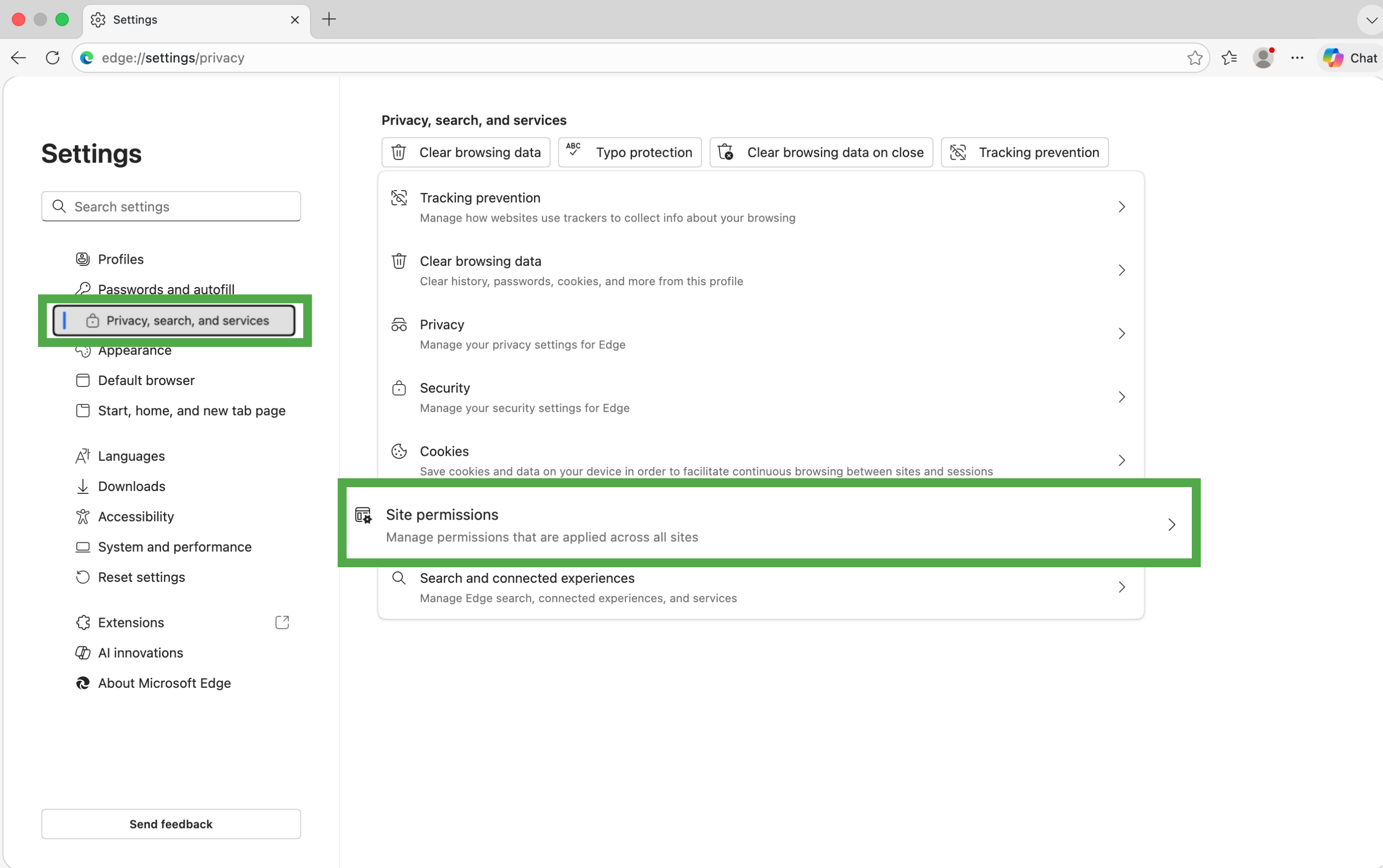 Edge Privacy, search, and services settings page with Site permissions highlighted