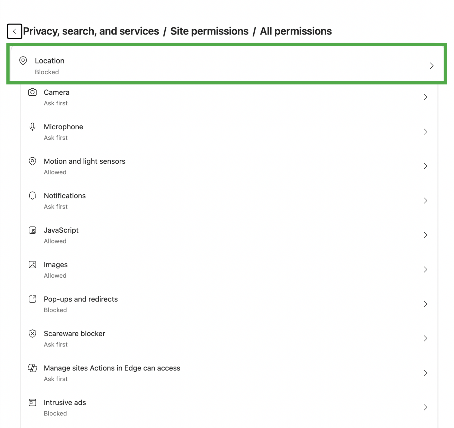 Edge All permissions page with Location highlighted