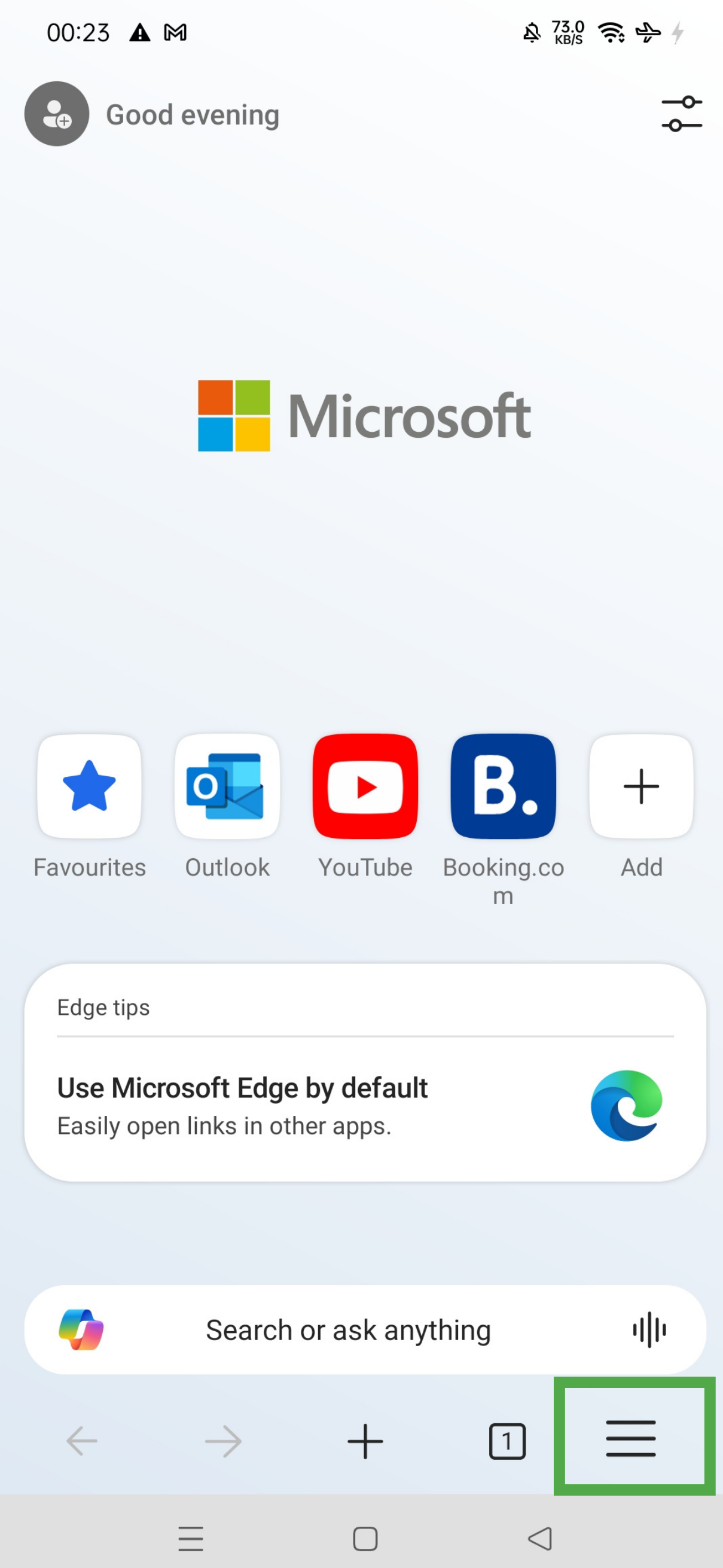 Edge homepage on Android with the three-line menu button highlighted
