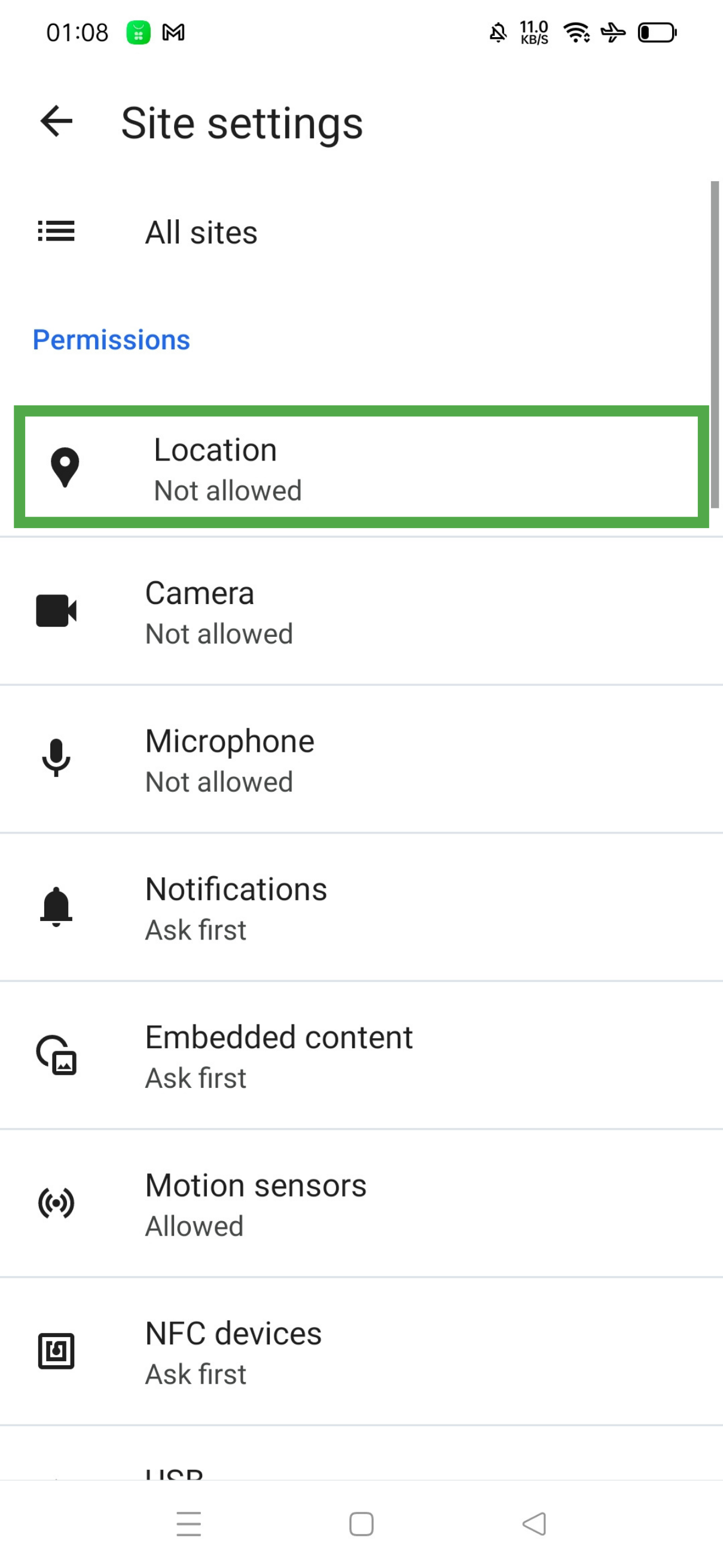 Edge Site settings page on Android showing Location under Permissions