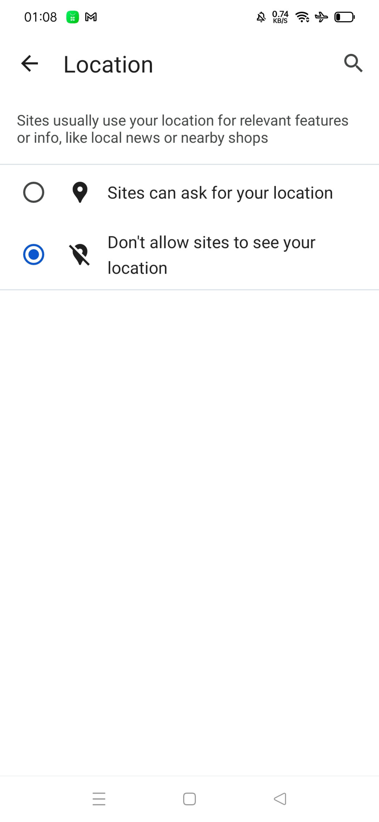 Edge location permissions on Android with Don't allow sites to see your location selected