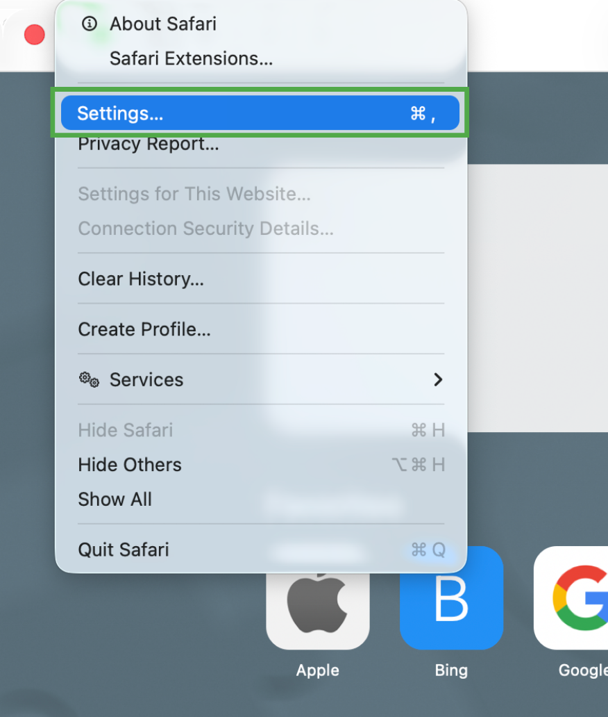 Safari menu on Mac with Settings selected