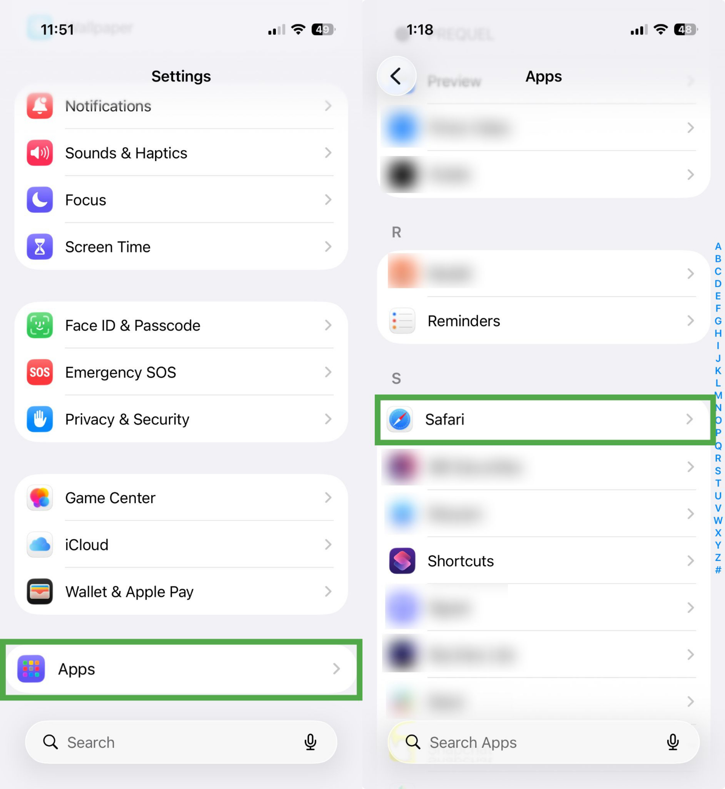iPhone Settings app showing Safari highlighted in the apps list