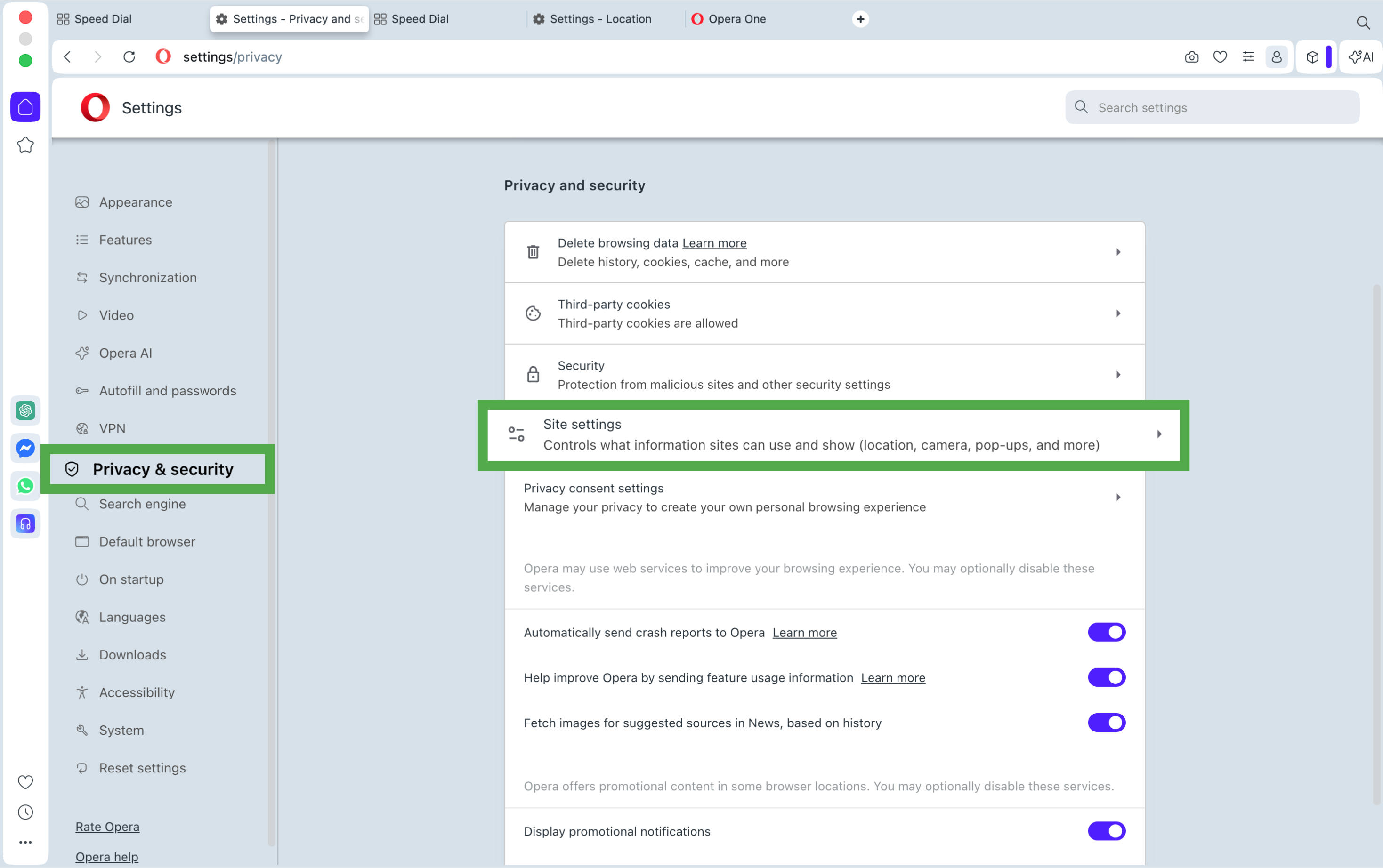Opera Privacy & security settings page with Site settings highlighted