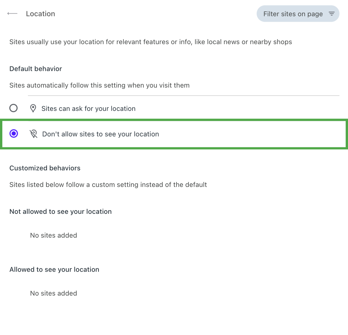 Opera location permissions with Don't allow sites to see your location selected