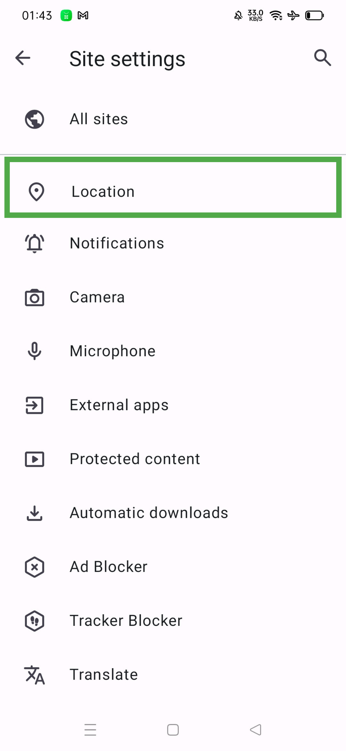 Opera Site settings page on Android showing Location in the permissions list