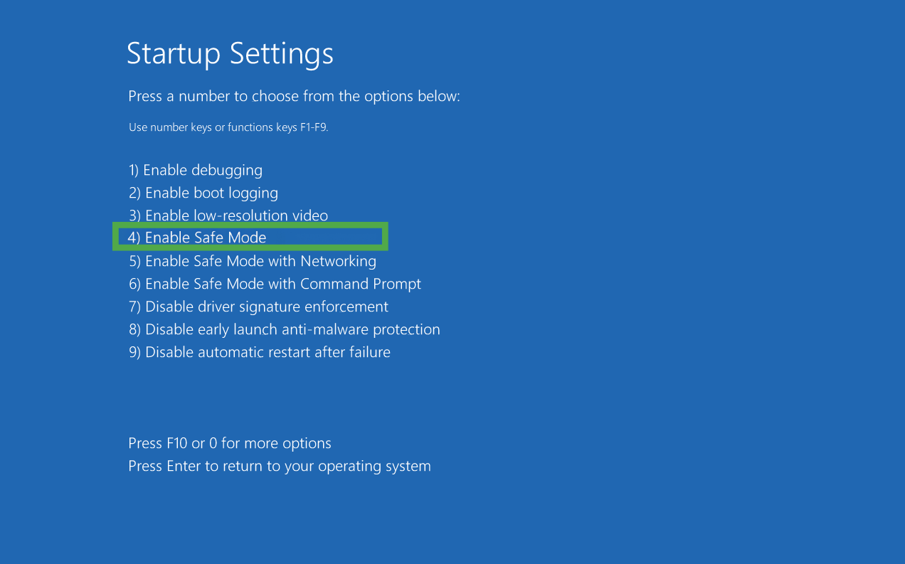 Windows "Startup Settings" numeric list for boot options, with option "4) Enable Safe Mode" highlighted in a green box.