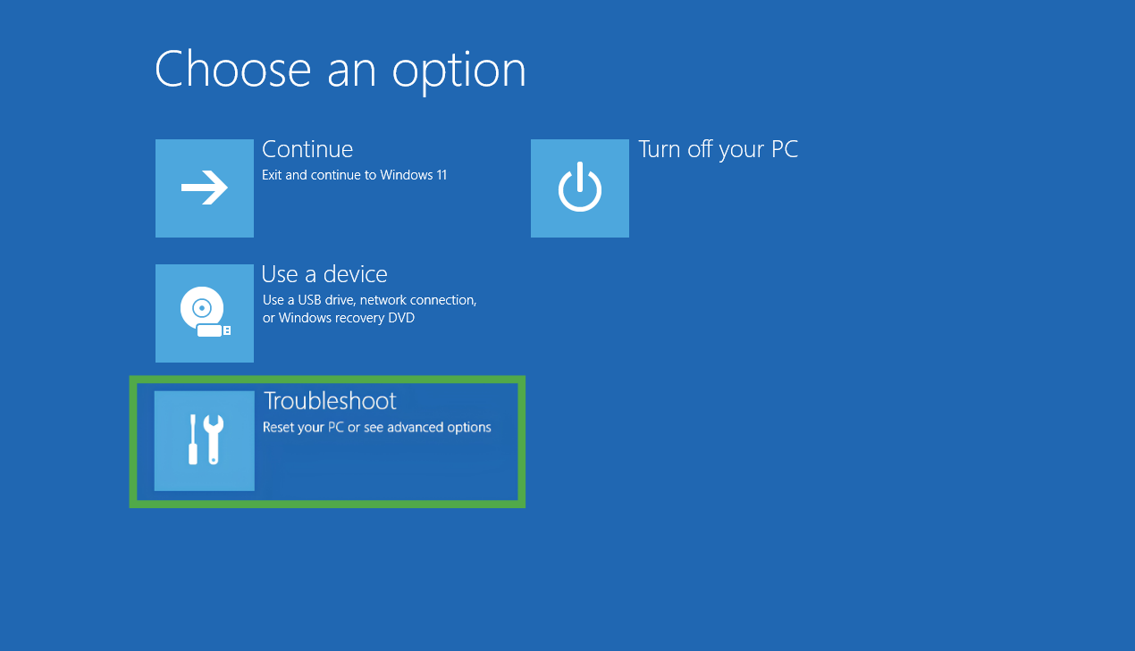Windows recovery screen titled "Choose an option," with the "Troubleshoot" tile highlighted in a green box.