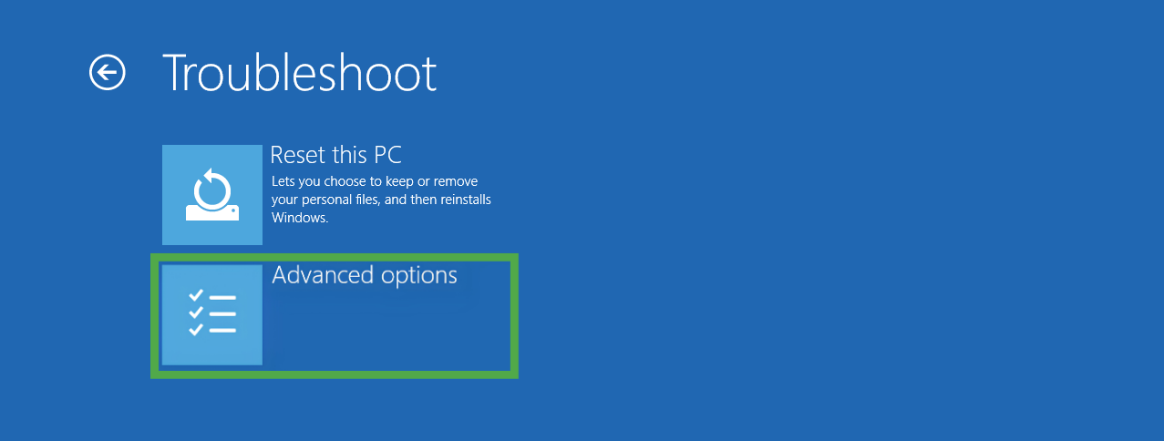 Windows "Troubleshoot" options screen, with the "Advanced options" tile highlighted in a green box.