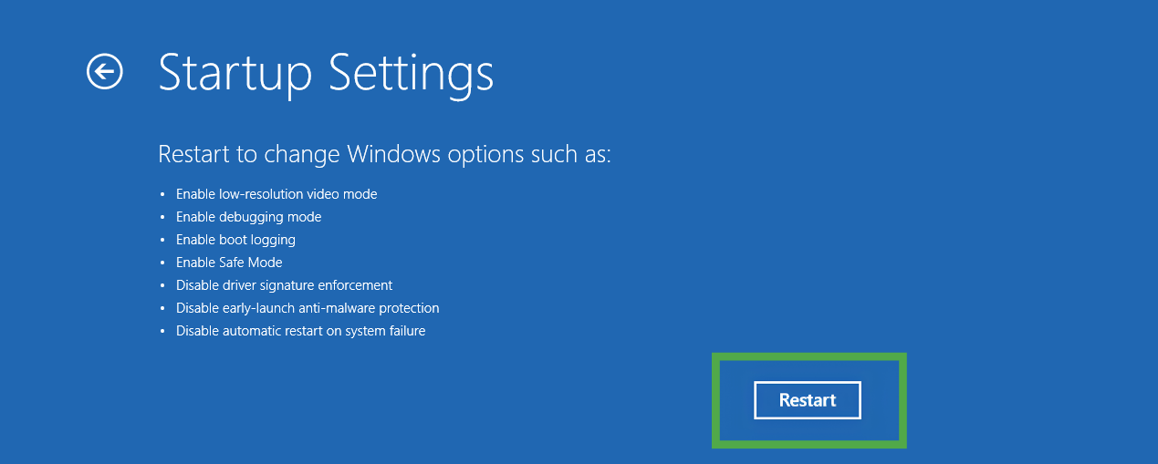 Windows "Startup Settings" overview screen listing restart options, with the "Restart" button at the bottom right highlighted in a green box.