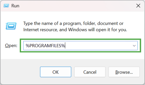 Windows "Run" dialog box with "%PROGRAMFILES%" entered in the open field and highlighted with a green box.