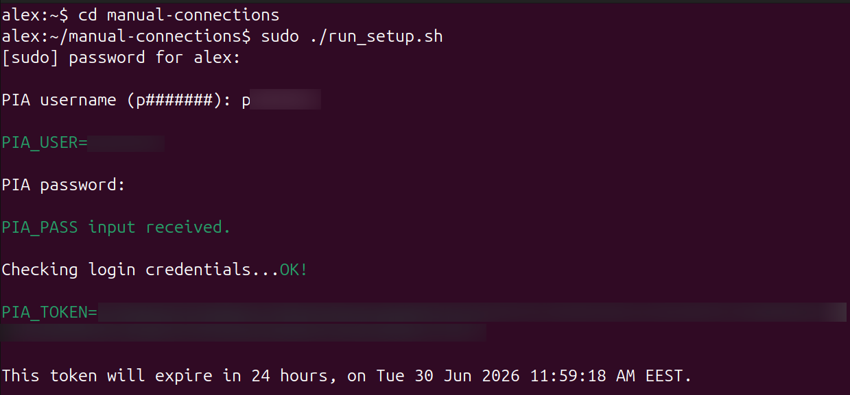 Terminal showing the PIA manual connection login screen.