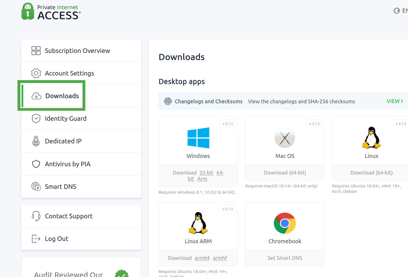 PIA account interface showing the "Downloads" option highlighted.