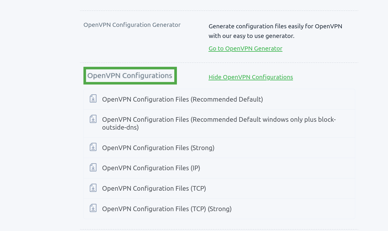 PIA Downloads section showing the "OpenVPN Configurations" section highlighted.