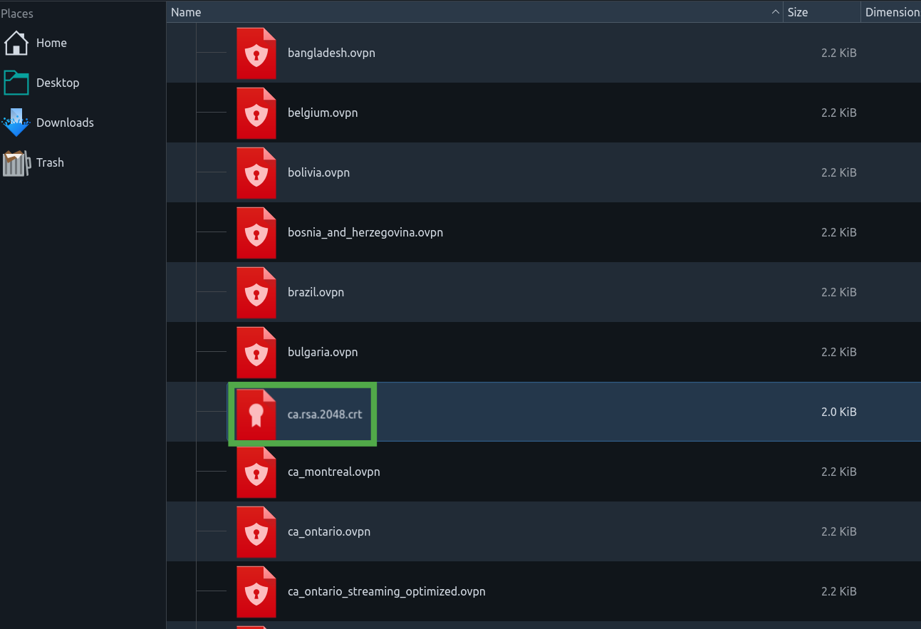 OVPN folder showing the certificate authority file highlighted.