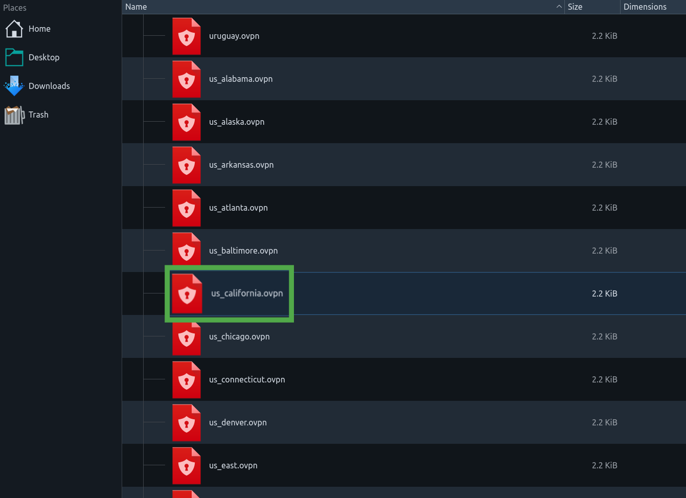 California server OVPN configuration showing the configuration details.