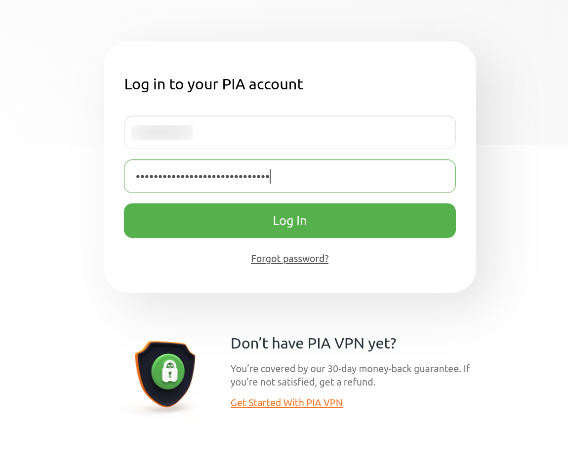 PIA login screen.