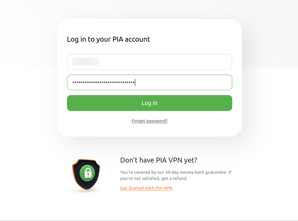PIA login screen.