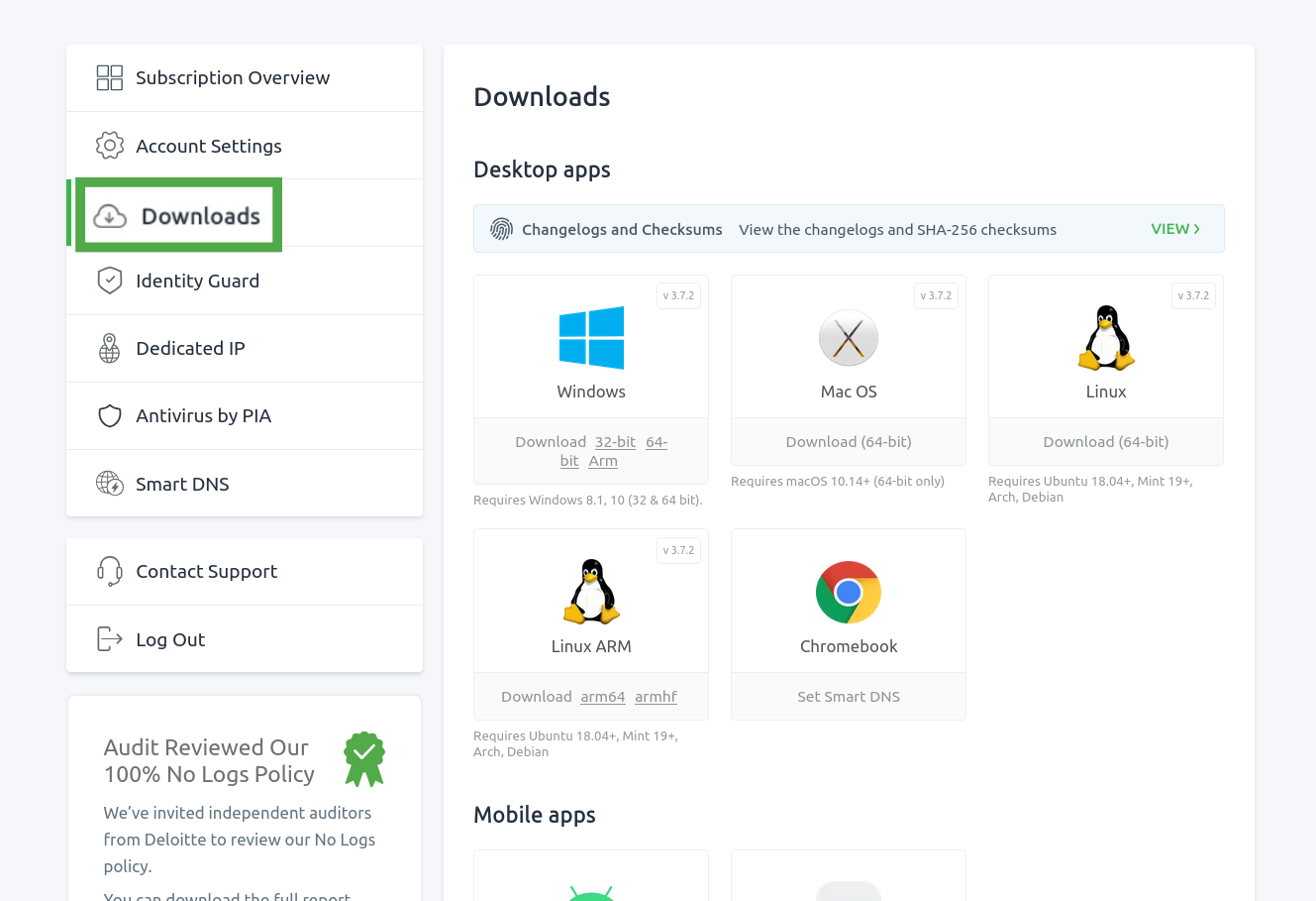 PIA dashboard showing the "Downloads" option highlighted.