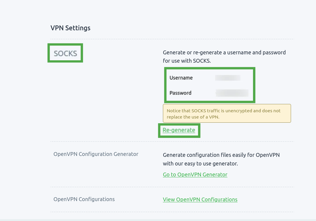 PIA VPN settings showing the "Re-generate" option in the SOCKS section highlighted.