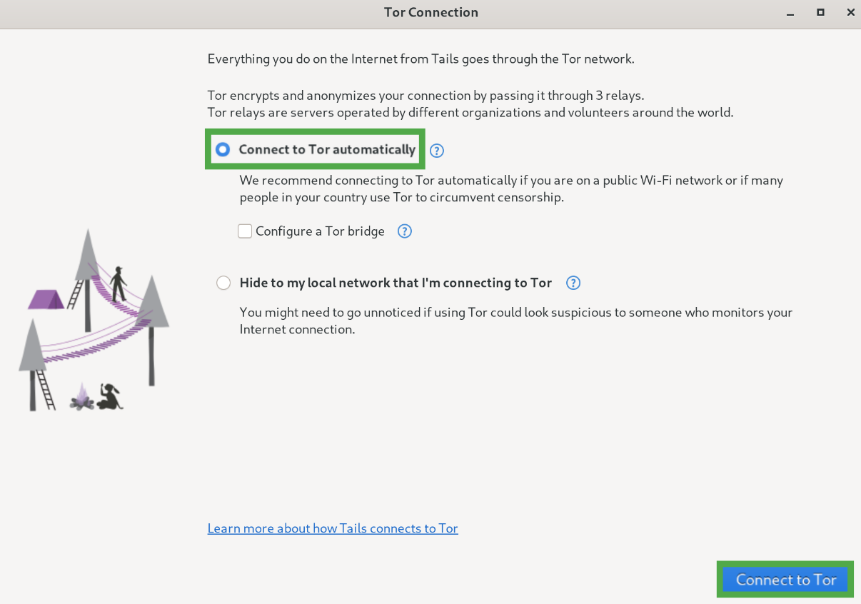 Tails Tor Connection dashboard showing the "Connect to Tor automatically" and the "Connect to Tor" option highlighted.