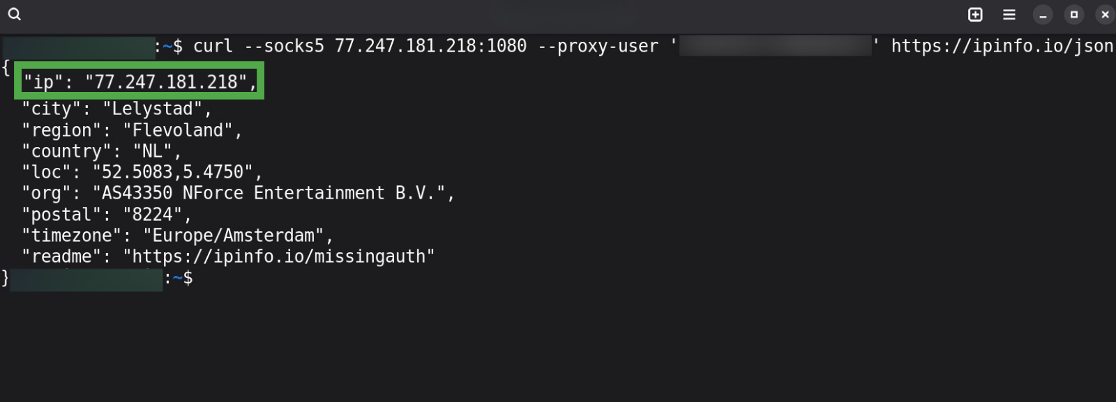 Terminal showing the command for testing the SOCKS5 proxy through Tor.