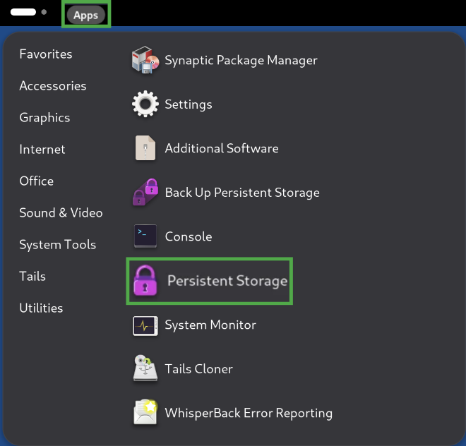 Tails app menu showing the "Persistent Storage" option highlighted.