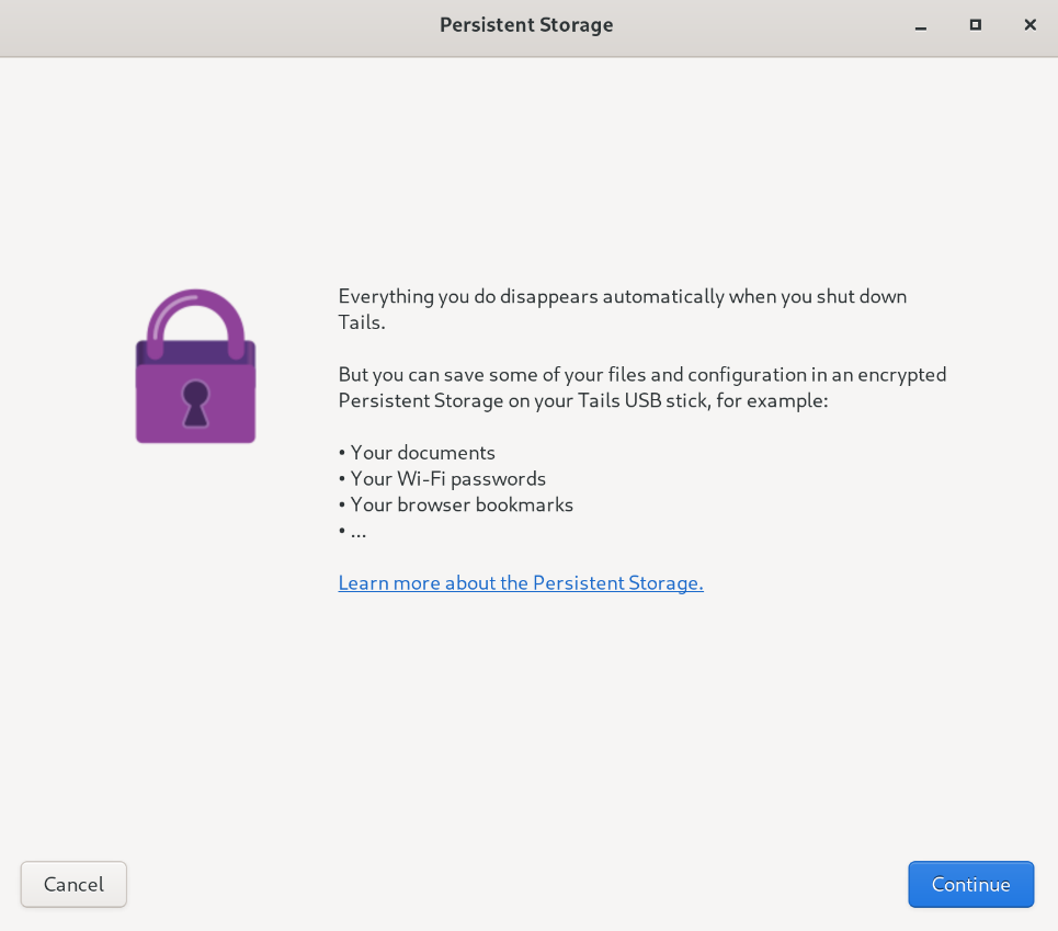 Tails Persistent Storage app showing the "Continue" option highlighted.