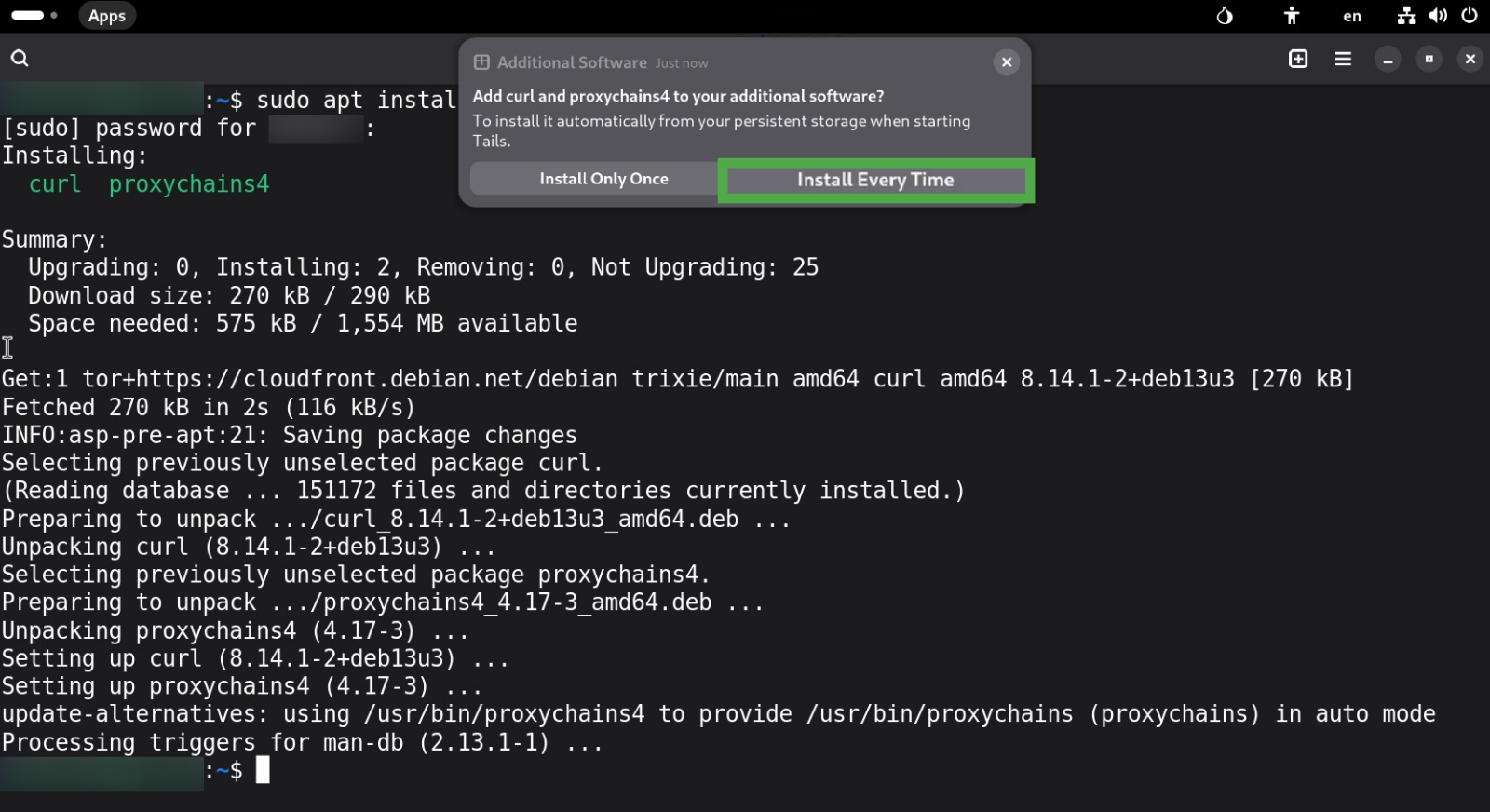  Terminal showing the "Install Every Time" option highlighted for newly installed apps.