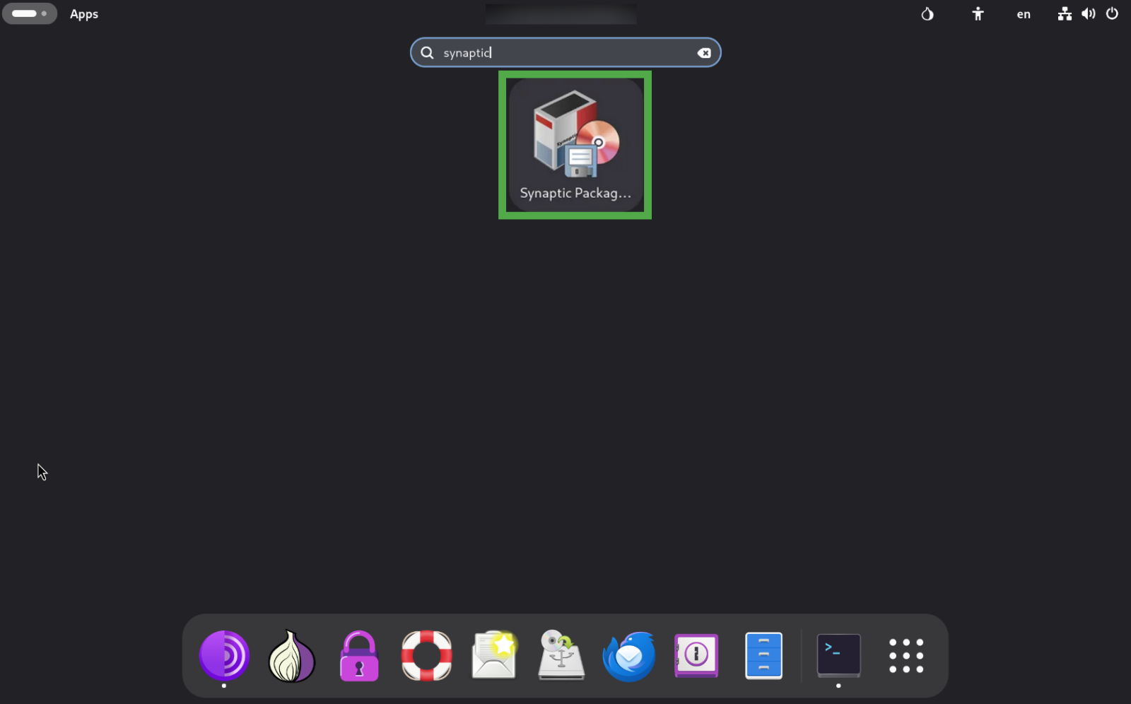Tails app menu showing the "Synaptic Package Manager" option highlighted.