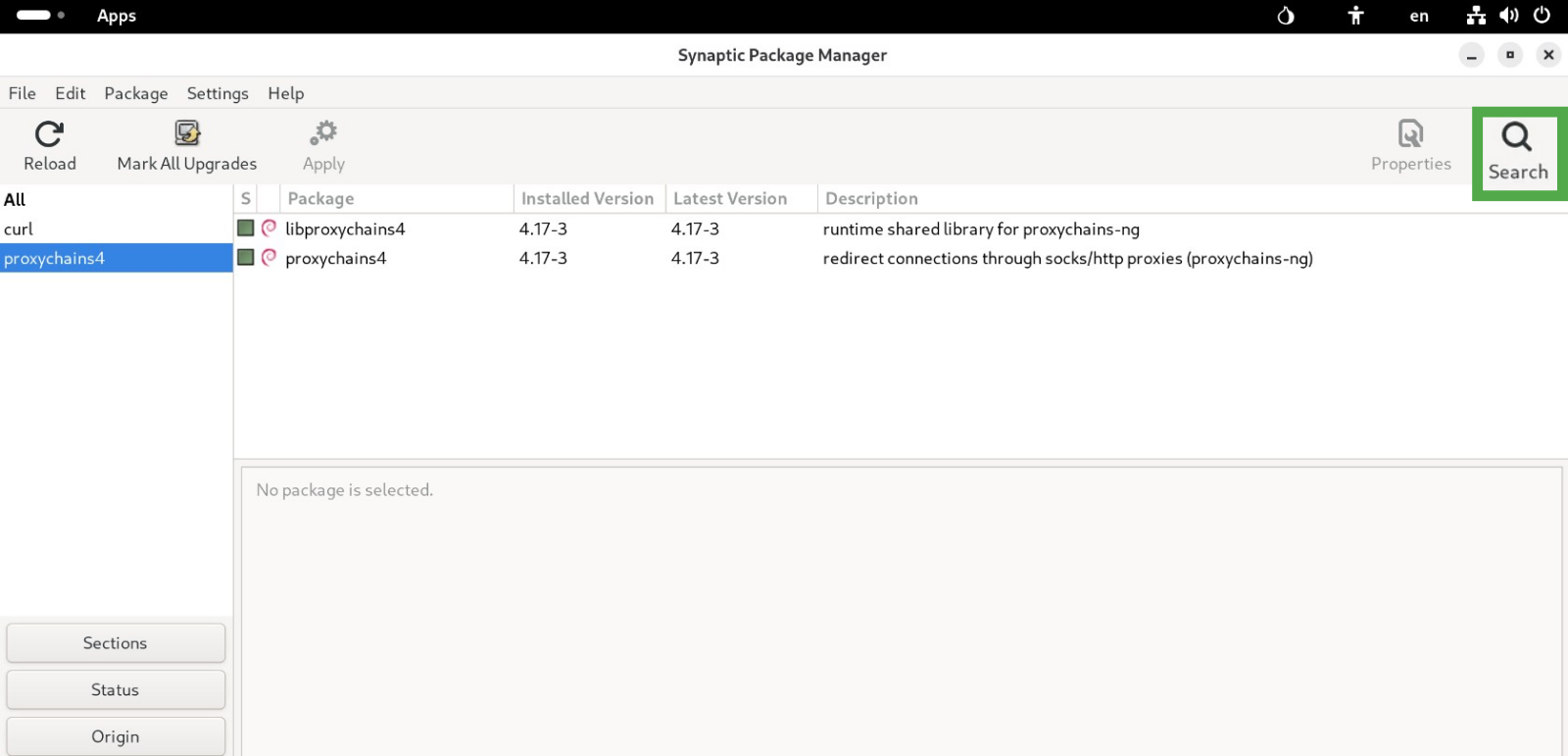 Tails Synaptic Package Manager showing the "Search" option highlighted in the top-right corner.