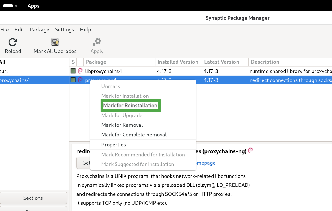Synaptic Package Manager showing the "Mark for Reinstallation" option highlighted for an app on Tails.