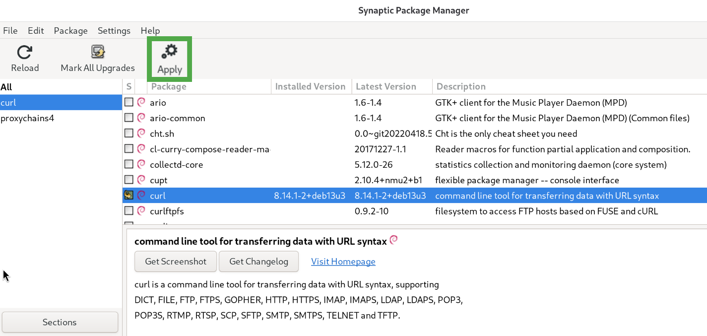 Synaptic Package Manager showing the "Apply" option highlighted on Tails.
