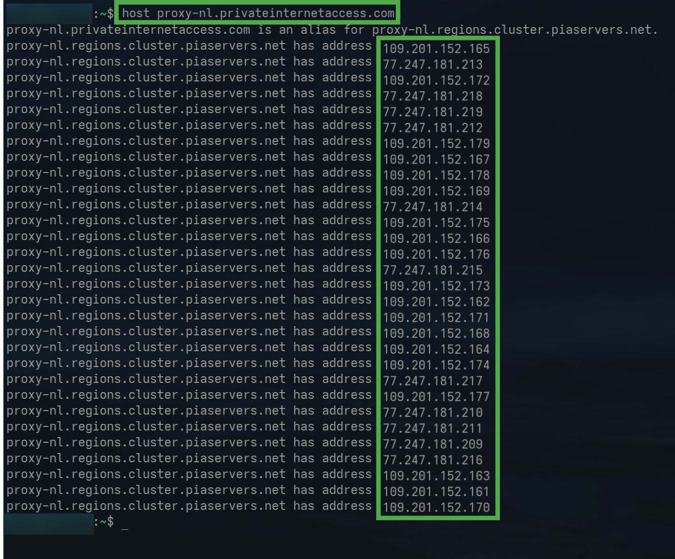 Terminal showing the returned IP addresses of the PIA SOCKS hostname for The Netherlands.