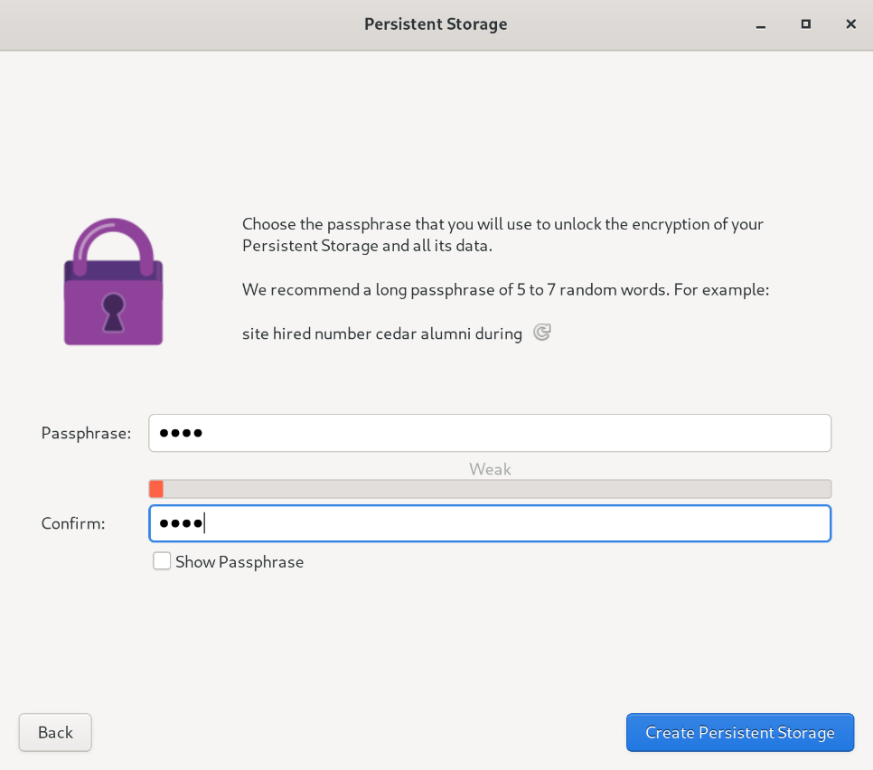Tails Persistent Storage showing the "Create Persistent Storage" option highlighted.