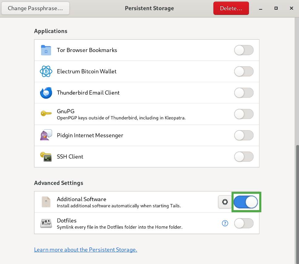 Tails Persistent Storage app showing the "Additional Software" option highlighted.