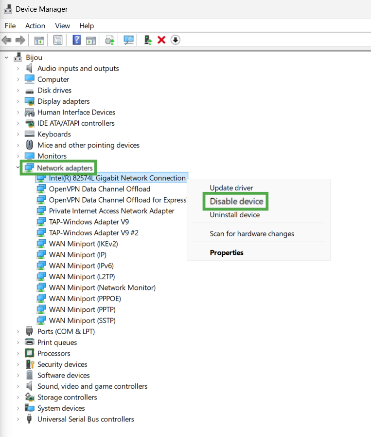 Windows 11 Device Manager showing the "Network adapters" and "Disable device" option highlighted.