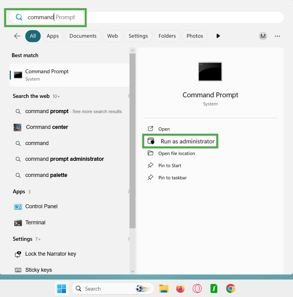 Windows 11 Start Menu showing the "Run as administrator" option highlighted for the Command Prompt