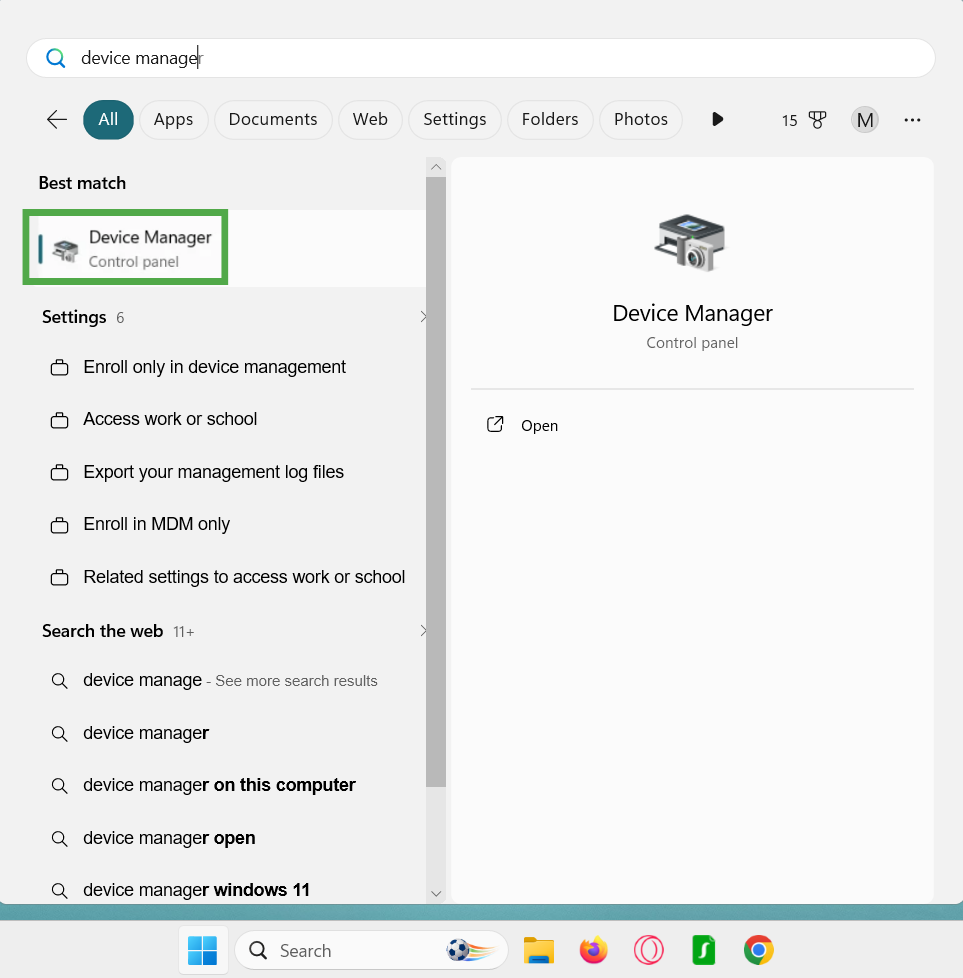 Start Menu showing the "Device Manager" option highlighted.