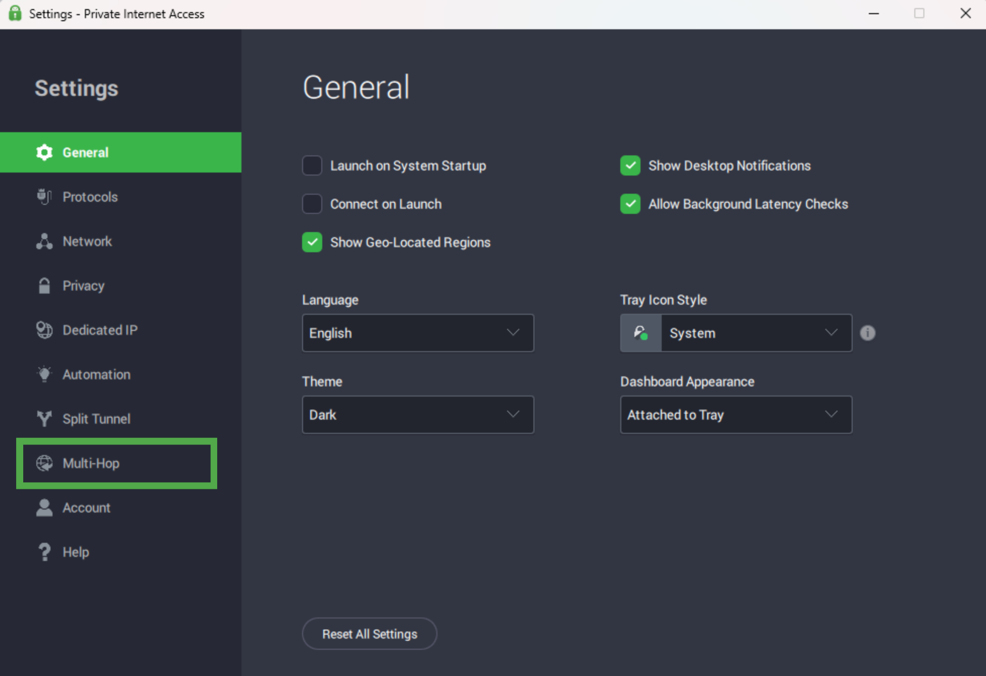 The PIA Settings window with the Multi-Hop option highlighted