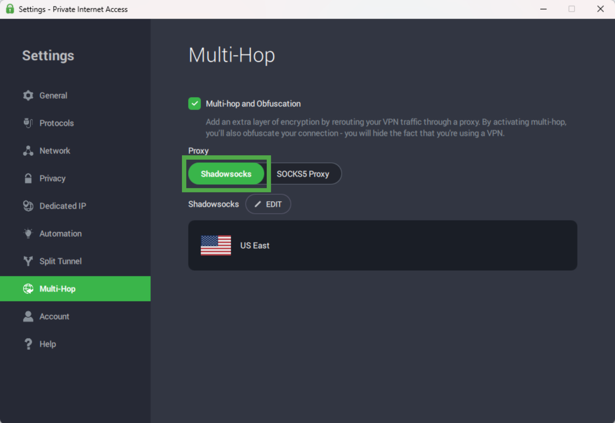The PIA Multi-Hop window with the Shadowsocks option highlighted
