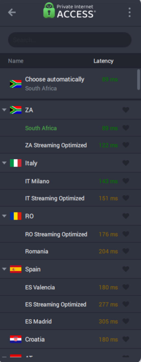 Some of PIA's available servers