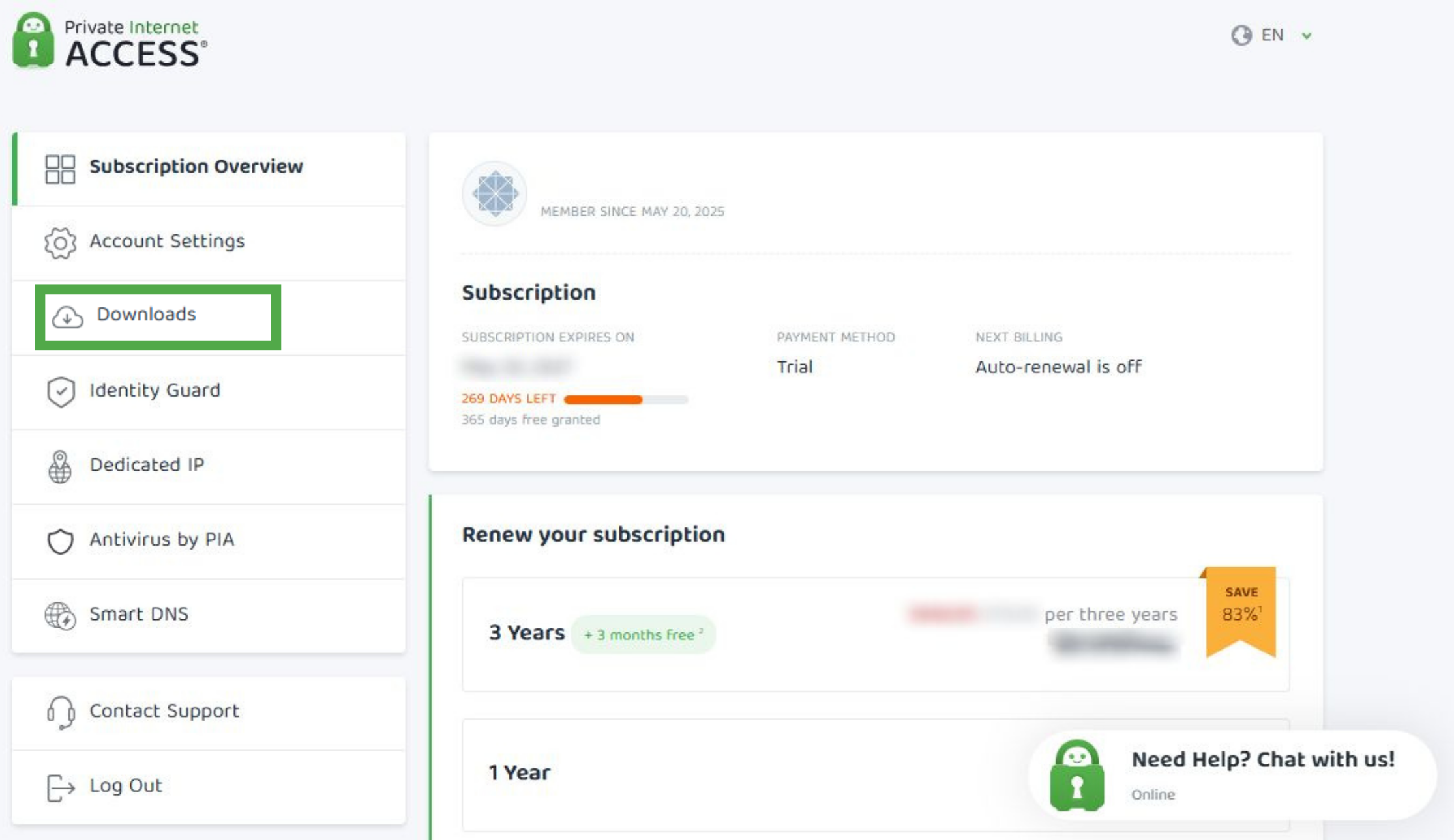 The PIA customer control panel with the Downloads option highlighted