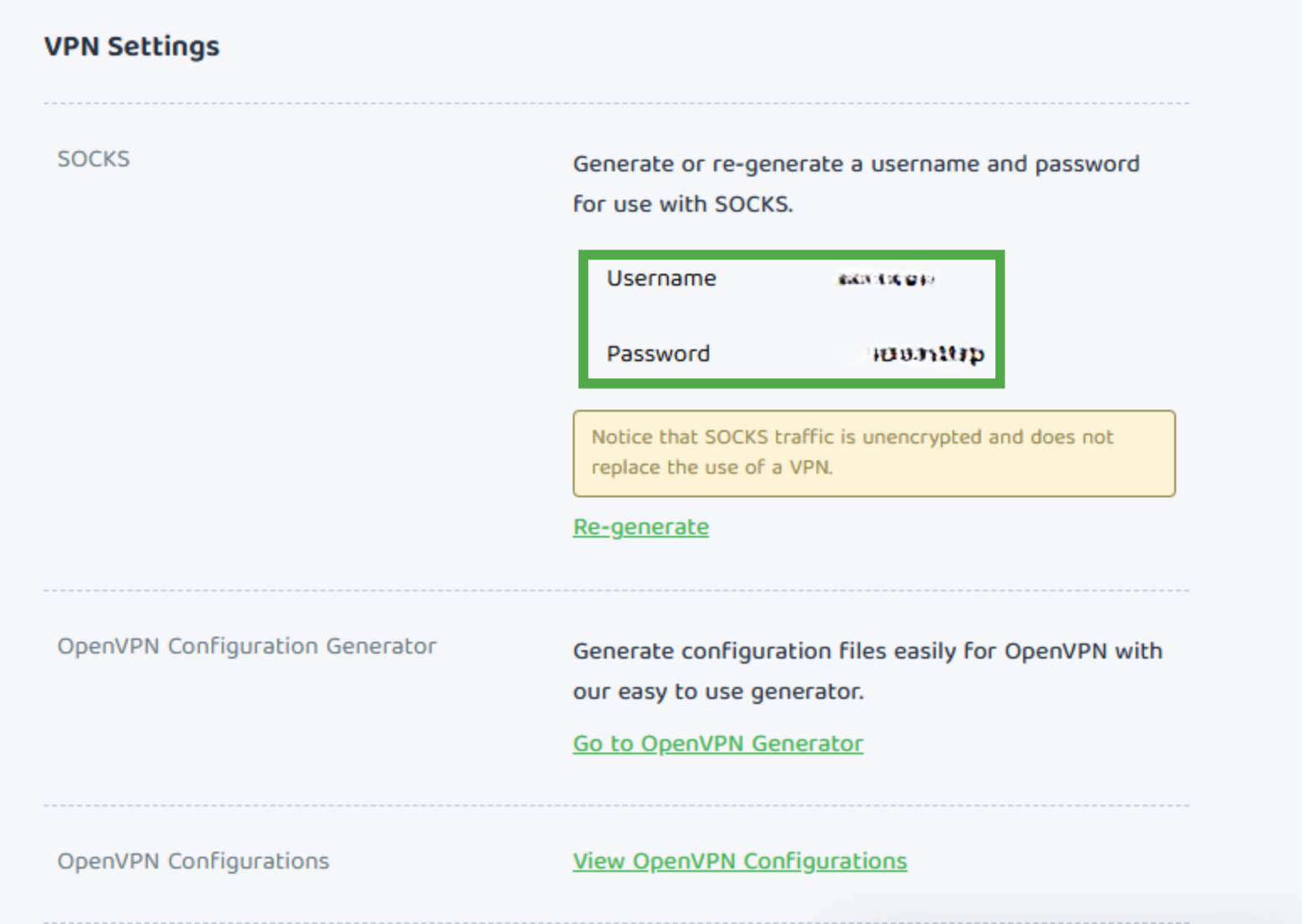 The VPN Settings section in the PIA customer control panel showing the generated SOCKS username and password