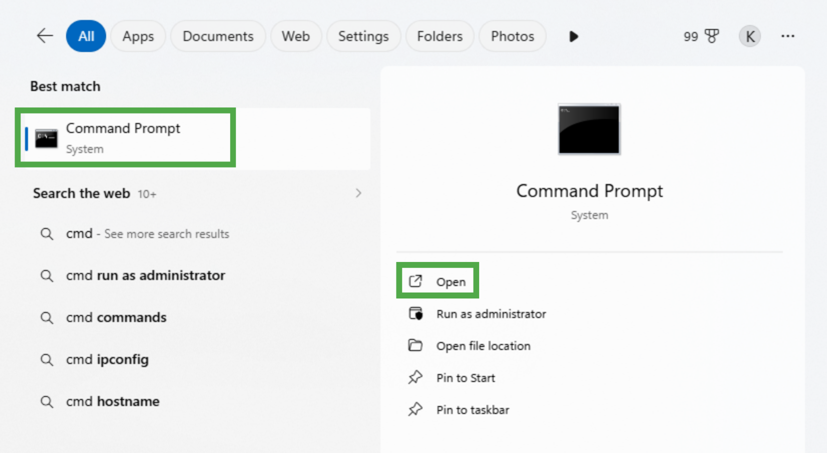 The Windows Start menu with Command Prompt highlighted